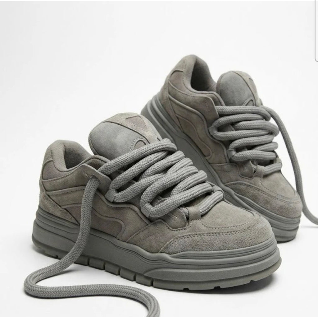 Bershka Grey Suede Chunky Lace-Up Sneaker