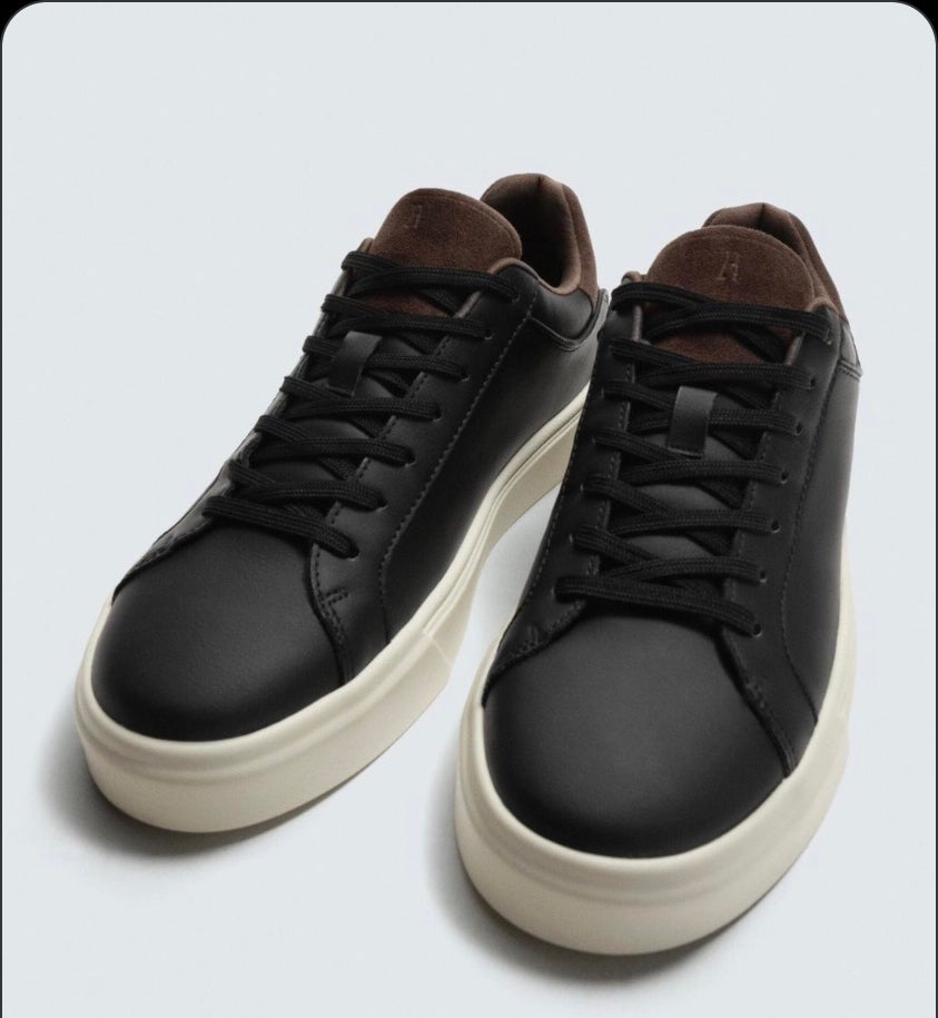 Black Leather Court Sneaker with Brown Suede (12-d)