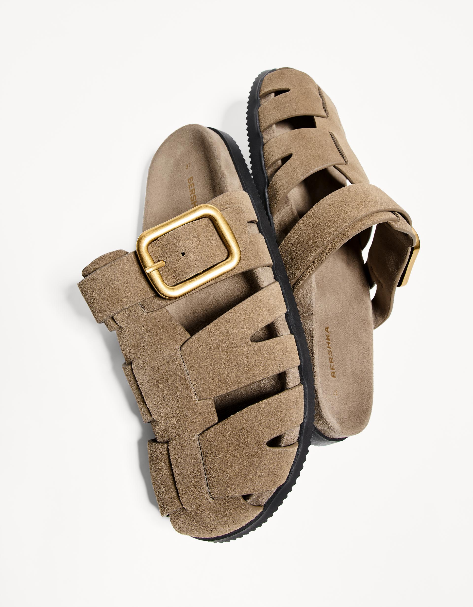 Bershka Suede Sandal with Gold Buckle