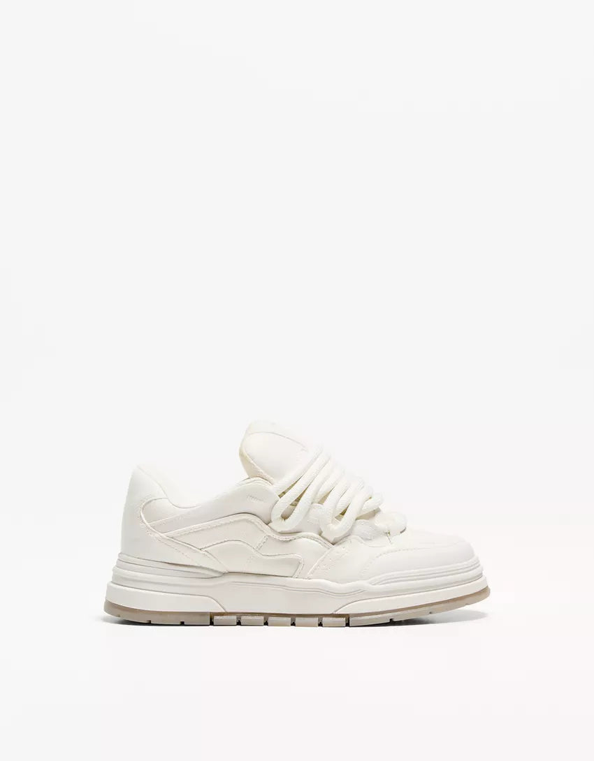 Bershka White Puffy Oversized Lace-Up Sneaker