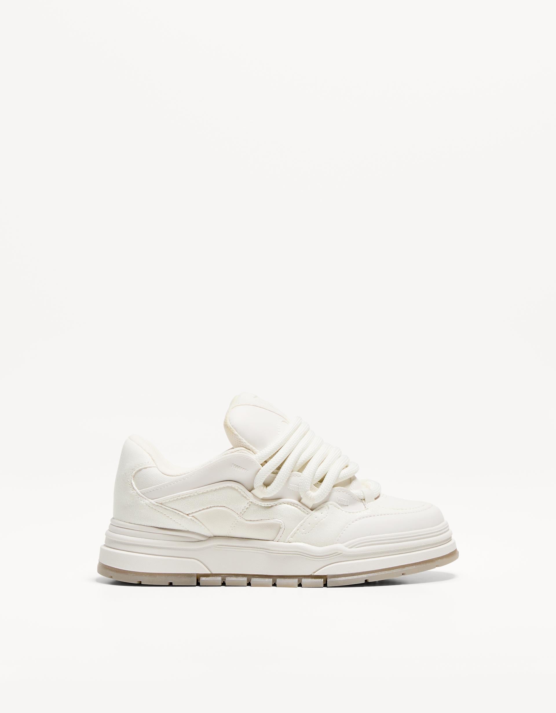 Bershka White Puffy Oversized Lace-Up Sneaker