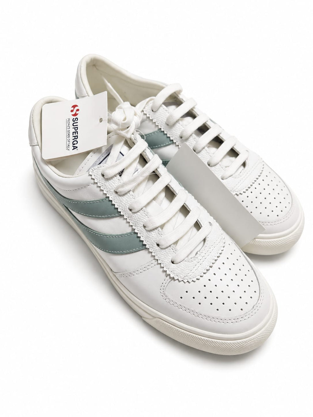 Superga White Leather Sneaker with Sage Stripes  ( 36-e)