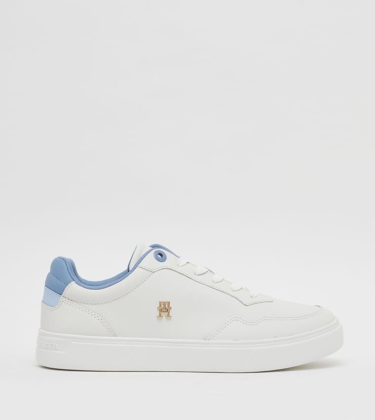 Tommy Hilfiger White Leather Court Sneaker with Blue Heel (81-A)