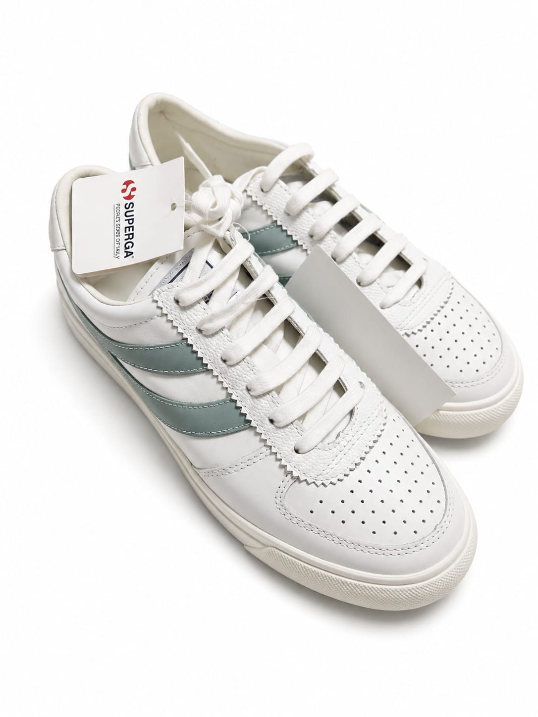 Superga White Leather Sneaker with Sage Stripes  ( 36-e)