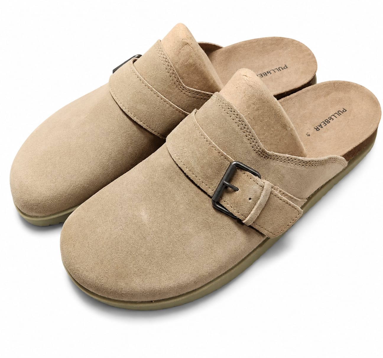 Suede Buckle Mule – Sand